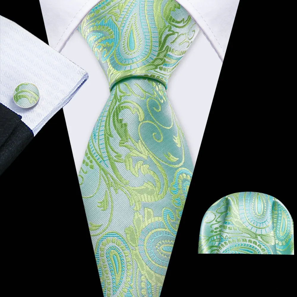 

Teal Yellow Men's Tie With Pocket Square Cufflink Set Fashion Paisley Silk Suit Necktie For Male Groom Wedding Party Barry.Wang