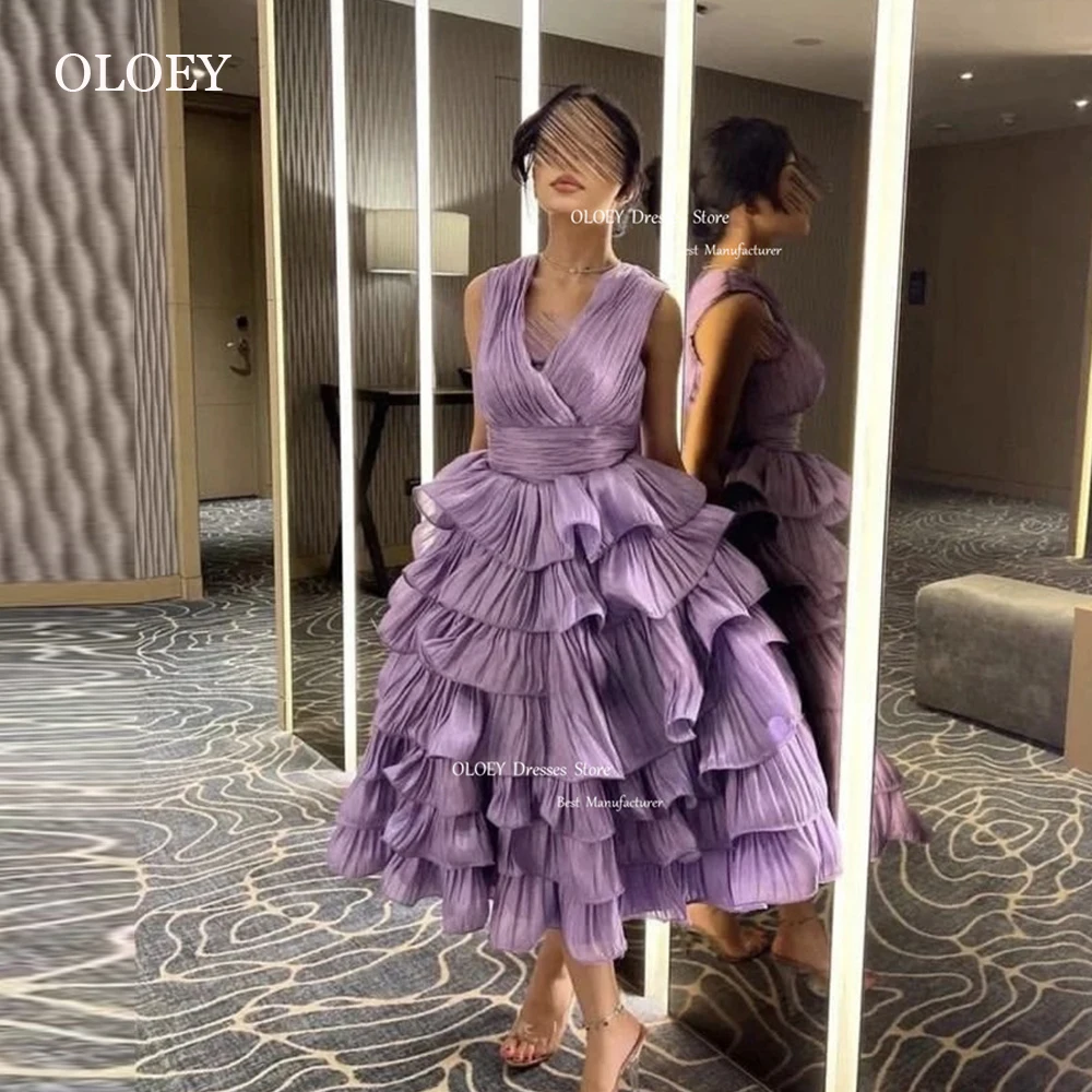 

OLOEY Lavender Silk Organza Ruffles Tiered Prom Dresses V Neck Tea Length Evening Gowns Saudi Arabic Women Formal Party Dress