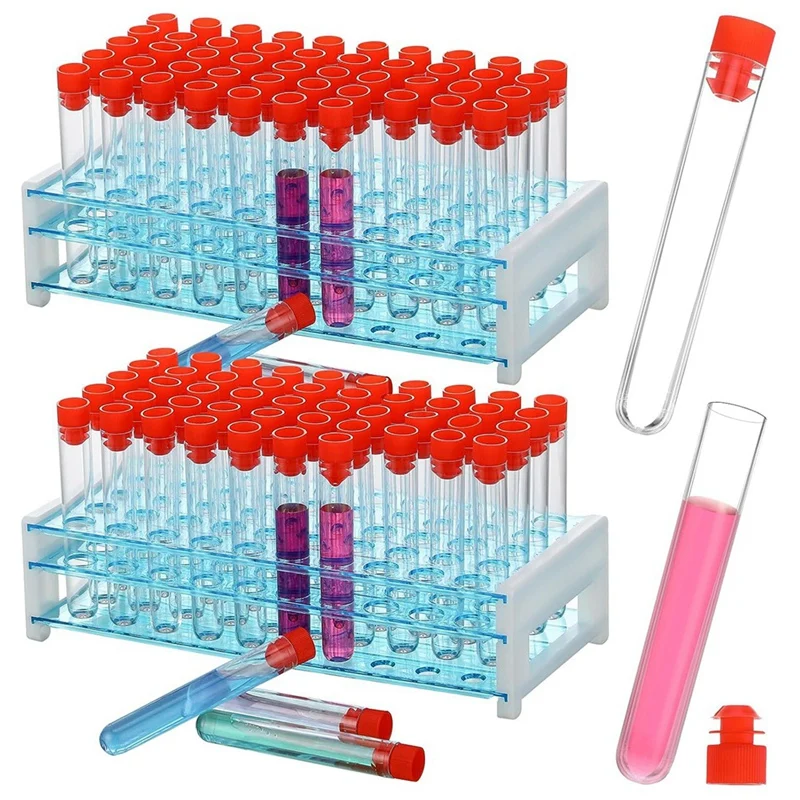 

100 Piece Clear Test Tubes With Lids Plastic Tube Plastic Vials Transparent & Blue For Scientific Experiments Party Supplies