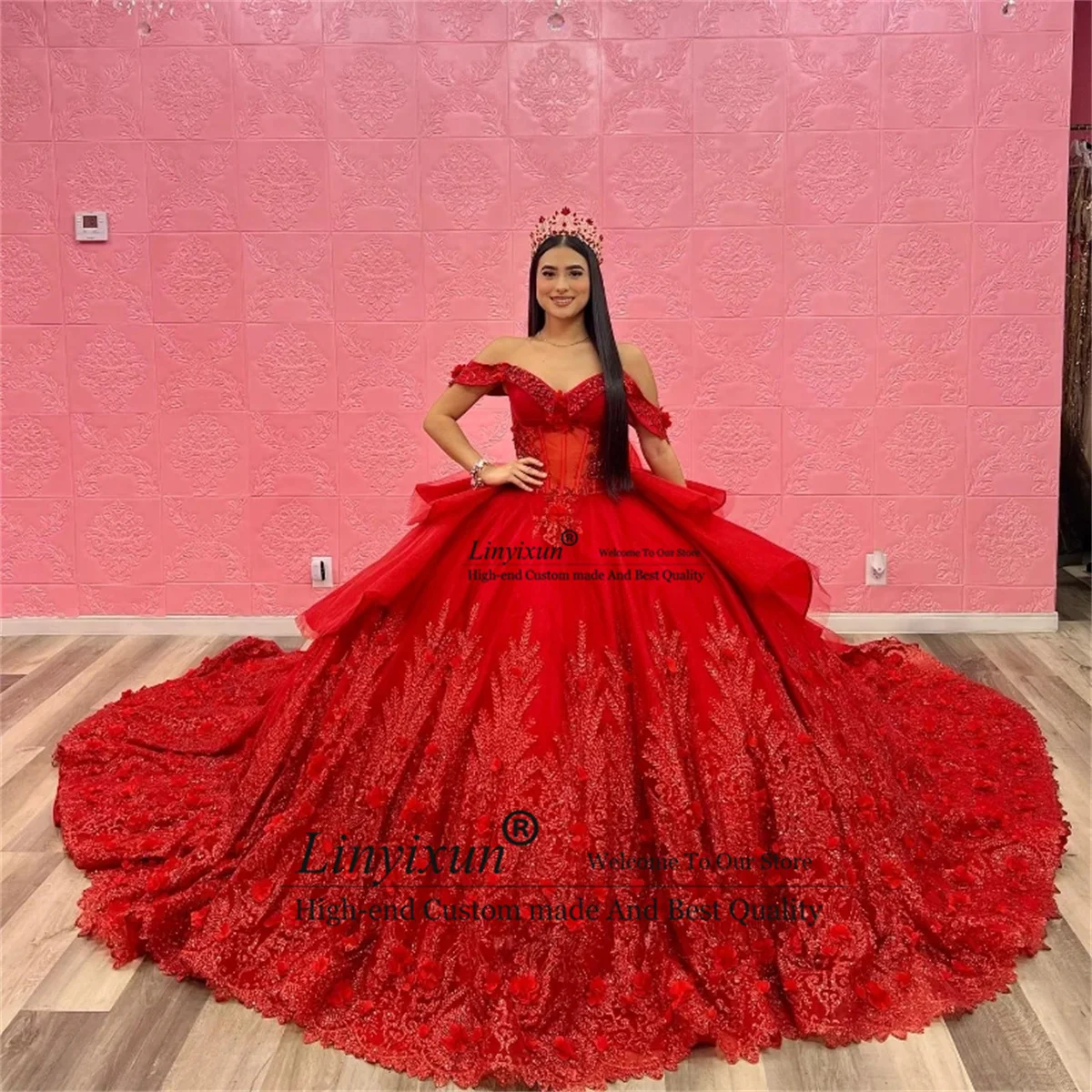 Red Sparkly Sequins Lace Quincenara Dresses Custiomized Luxury Beaded Ball Gown Sweet 16 Gown Off Shoulder Vestidos De XV15 A&ntilde;os