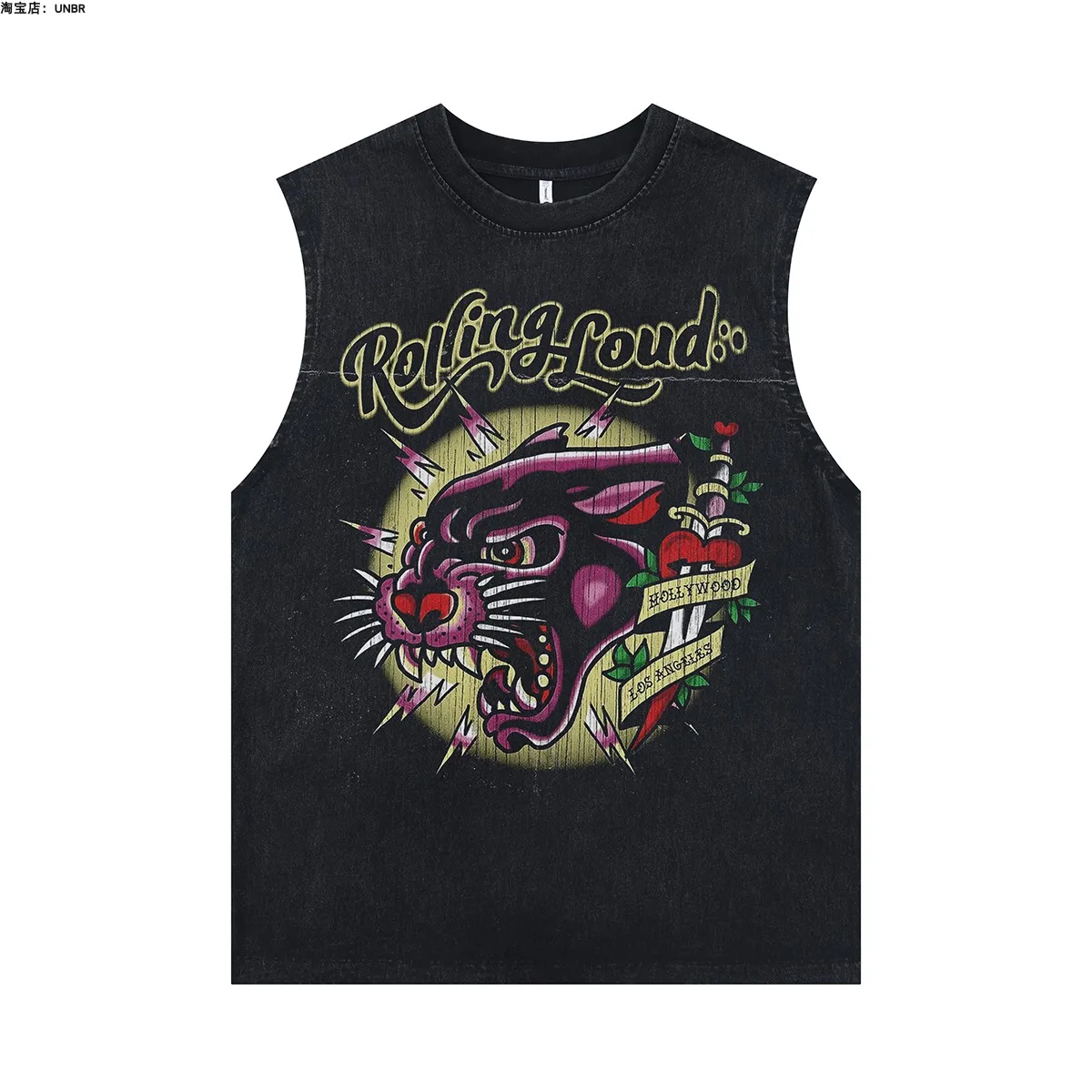 Summer Europe and The United States Retro Wash To Do Old Rock Hip Hop Round Collar Vest Printed Loose Vest Men's Cotton Casual 3