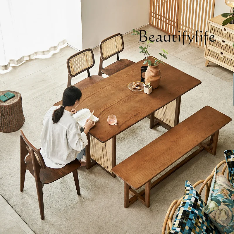 

Japanese Rattan Dining Tables and Chairs Set Retro Simple Solid Wood Table