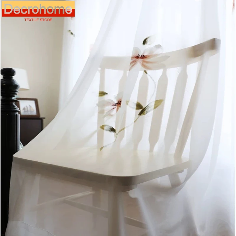 

Hand-painted Gauze Korean Pastoral Semi-transparent Gauze Curtain Curtains for Living Dining Room Bedroom