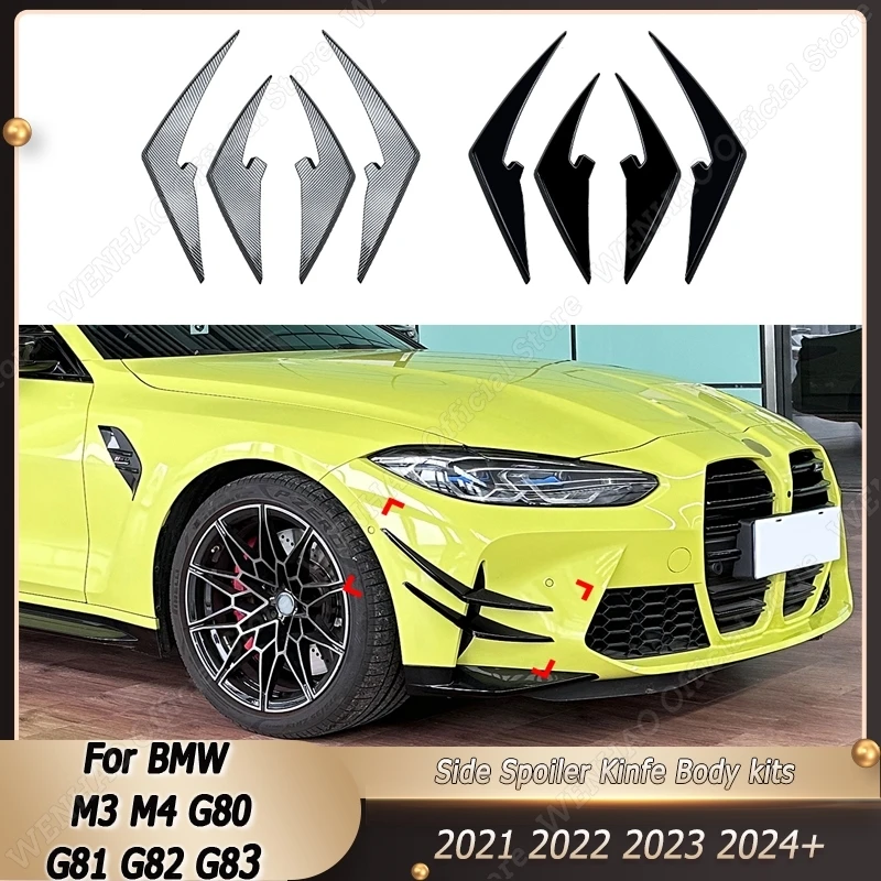 

Для BMW M3 M4 G80 G81 G82 G83 2021-2024 + передний бампер боковой сплиттер тюнинг глянцевый черный ветровой нож на вентиляционное отверстие комплекты кузова Лезвие Отделка