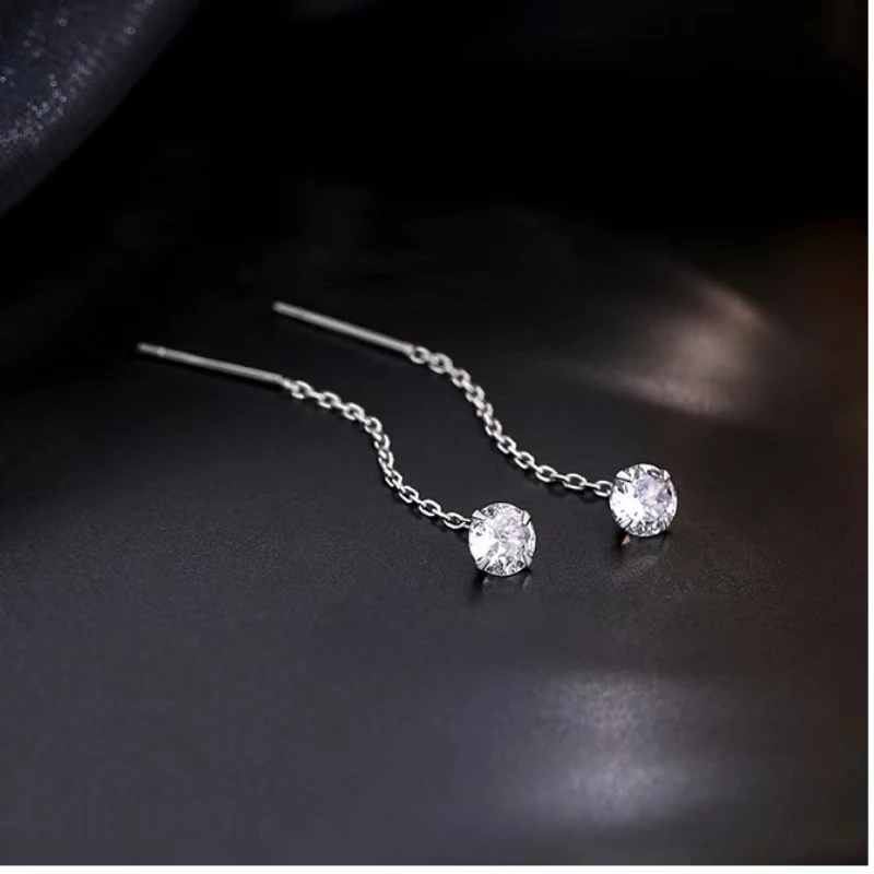 

2pcs S999 Silver minimalist gloss zircon tassel drop earrings for women's round geometric long line earrings luxury jewelry