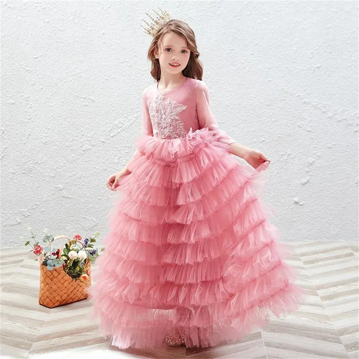 

Flower Girl Dress Pink Fluffy Layered Tulle Lace Applique Wedding Cute Flower Child's First Eucharistic Birthday Party Dress