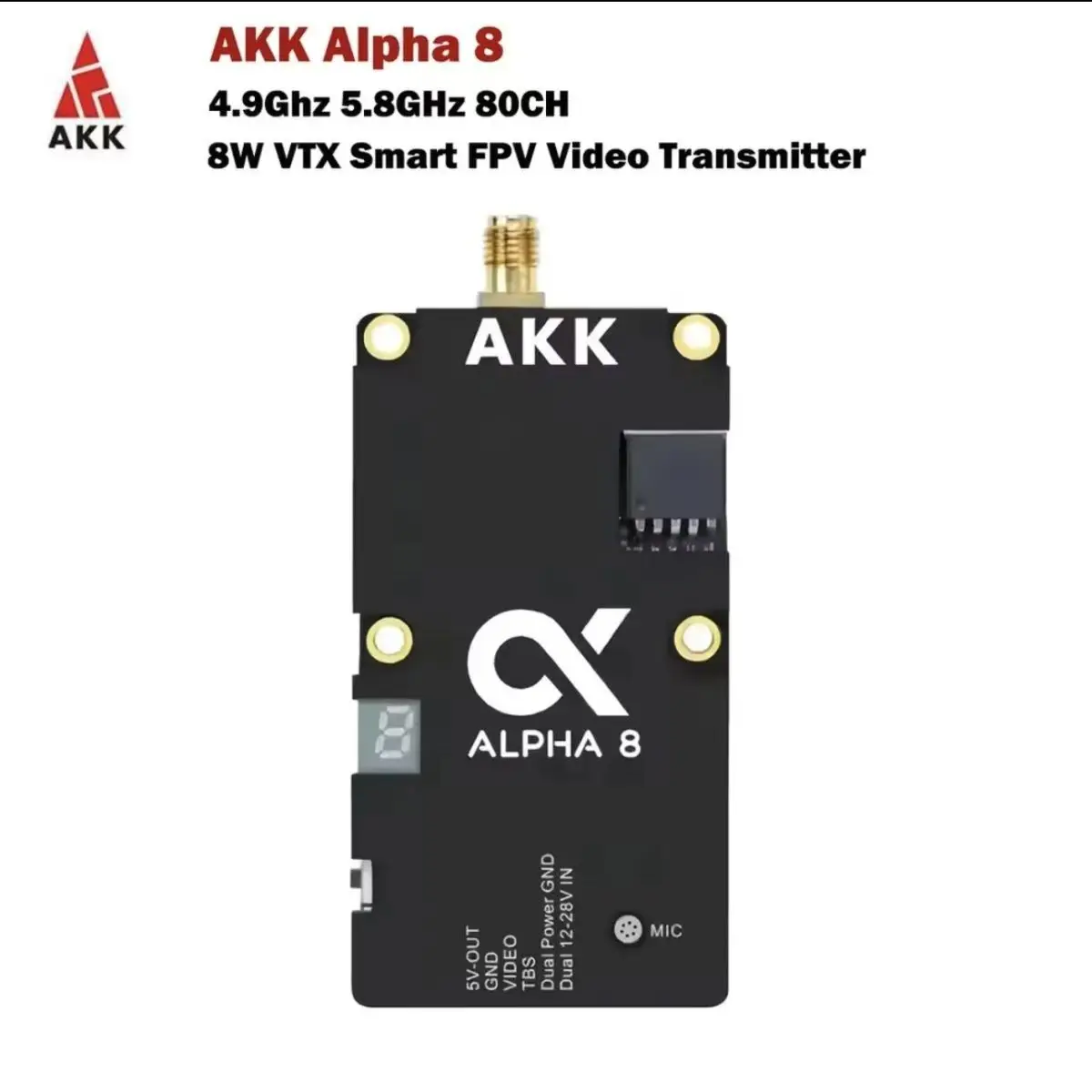 VTX AKK 5W 8W 10W 16W pour FPV Drone - Émetteur Vidéo Longue Portée vu de côté, affichant les ports d'antenne.