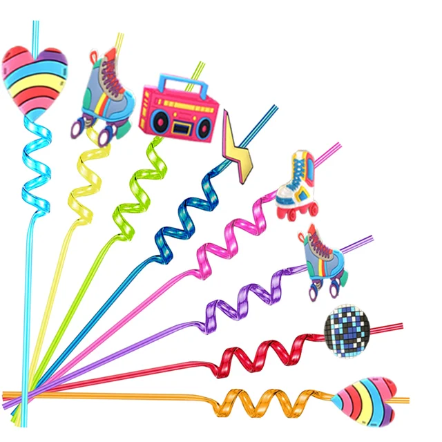 送料無料Roller Skate Party Straws, Roller Skate Party Favors Include 24pcs Reusable Drinking Straws Plastic 80s Theme Straws for Roller Skatin並行輸入