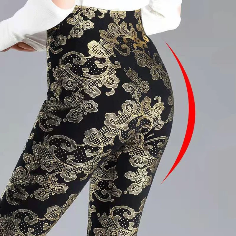 Floral Print Fashion Pants Women Sexy Sports Leggings High-rise Tight Sport Leggins Outerdoor Running Trousers Gold Sliver Pant