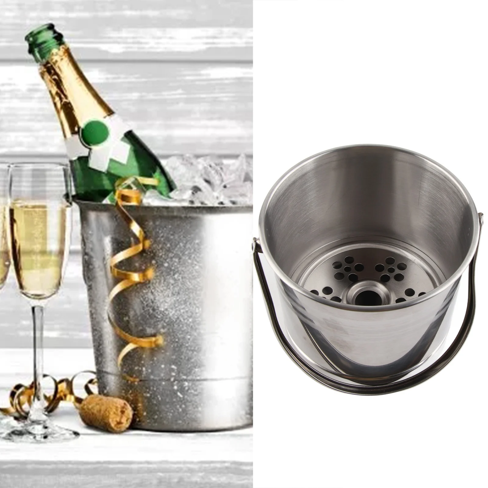 Ice Container Stainless Steel Rust Proof Cocktail Ice Bucket Portable Handle with Drip Tray Tongs for Parties for Wine