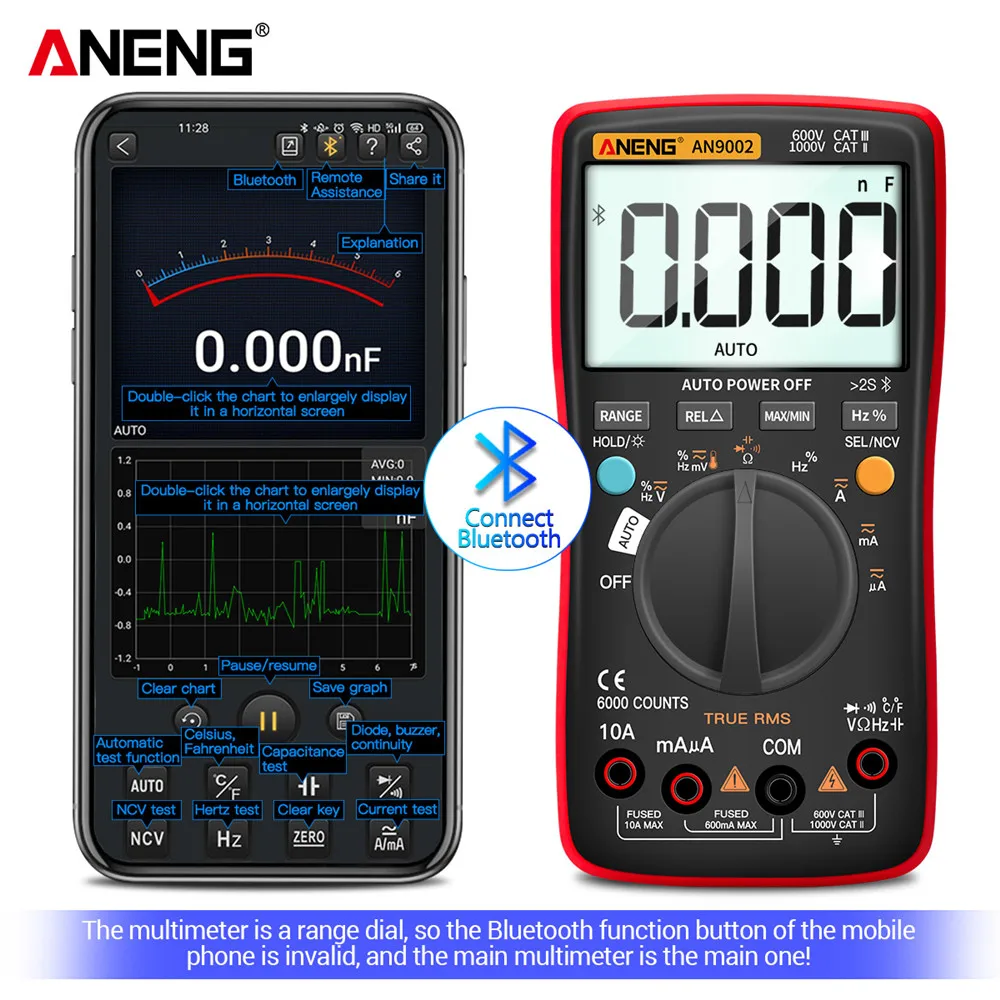 ANENG AN9002 Bluetooth Digital Multimeter 6000 Counts Professional MultimetroTrue RMS AC/DC Current Voltage Tester Auto-Range 4