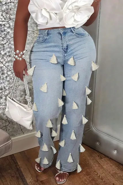 Plus Size Party Blue Casual Fringe Denim Jeans