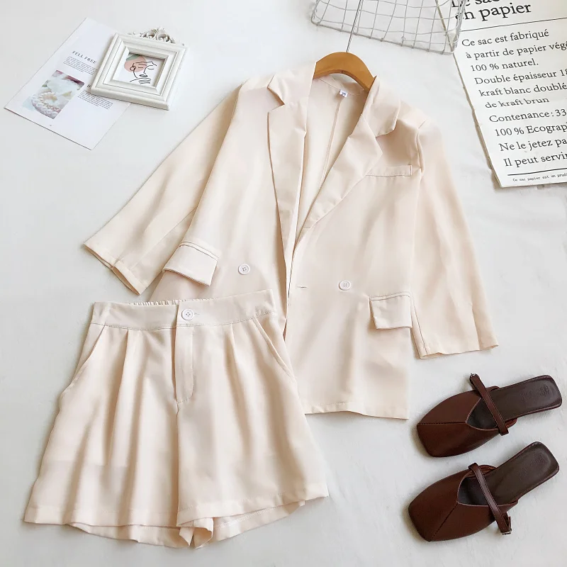 OUMEA Women Sets Korean Stye Office Lady Coat+Wide Leg Opening Shorts High Waist Solid Color Two Piece Basic Set With Buttons