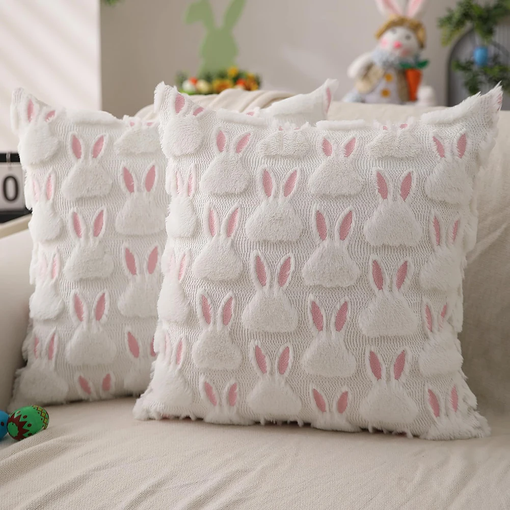 2Pcs Easter Bunny Plush Jacquard Pillowcase Washable Rabbit Plush Tufting Pillowcase Soft Bunny Pillow Cover for Kids Bedroom