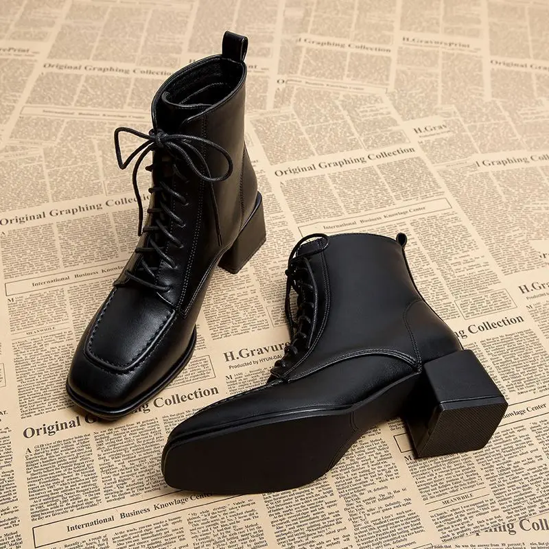 

Oraqwlj Autumn Winter 2022 New Women's Ankle Boots Fashion High-heeled Short Boots Women's Square Toe Lacing Platform Boots