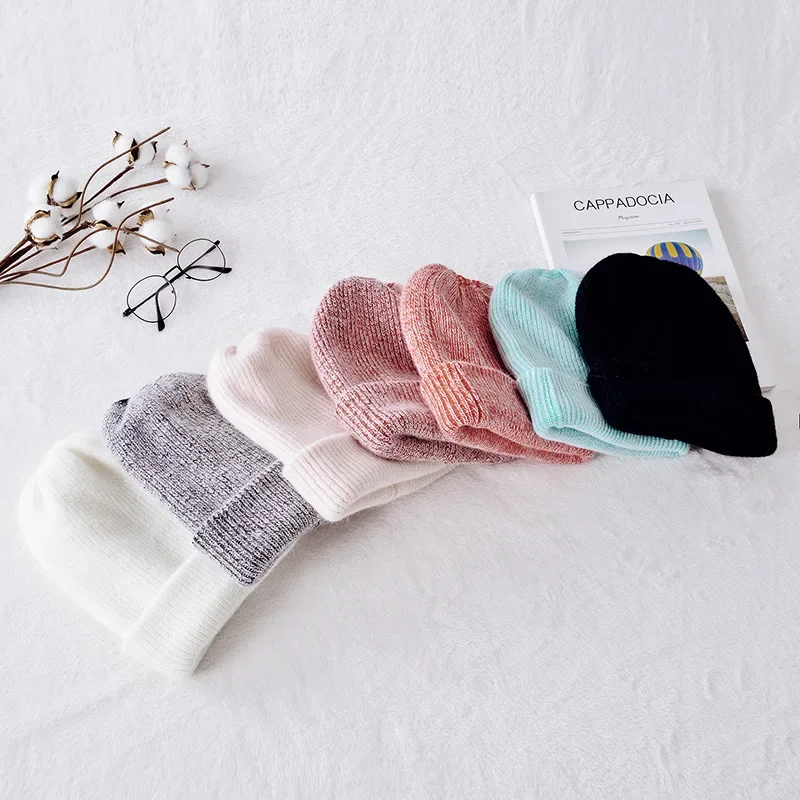 Winter Hats for Women Warm Long Rabbit Fur Hair Female Caps Fashion Solid Colors Wide Cuff Young Style Beanies 4