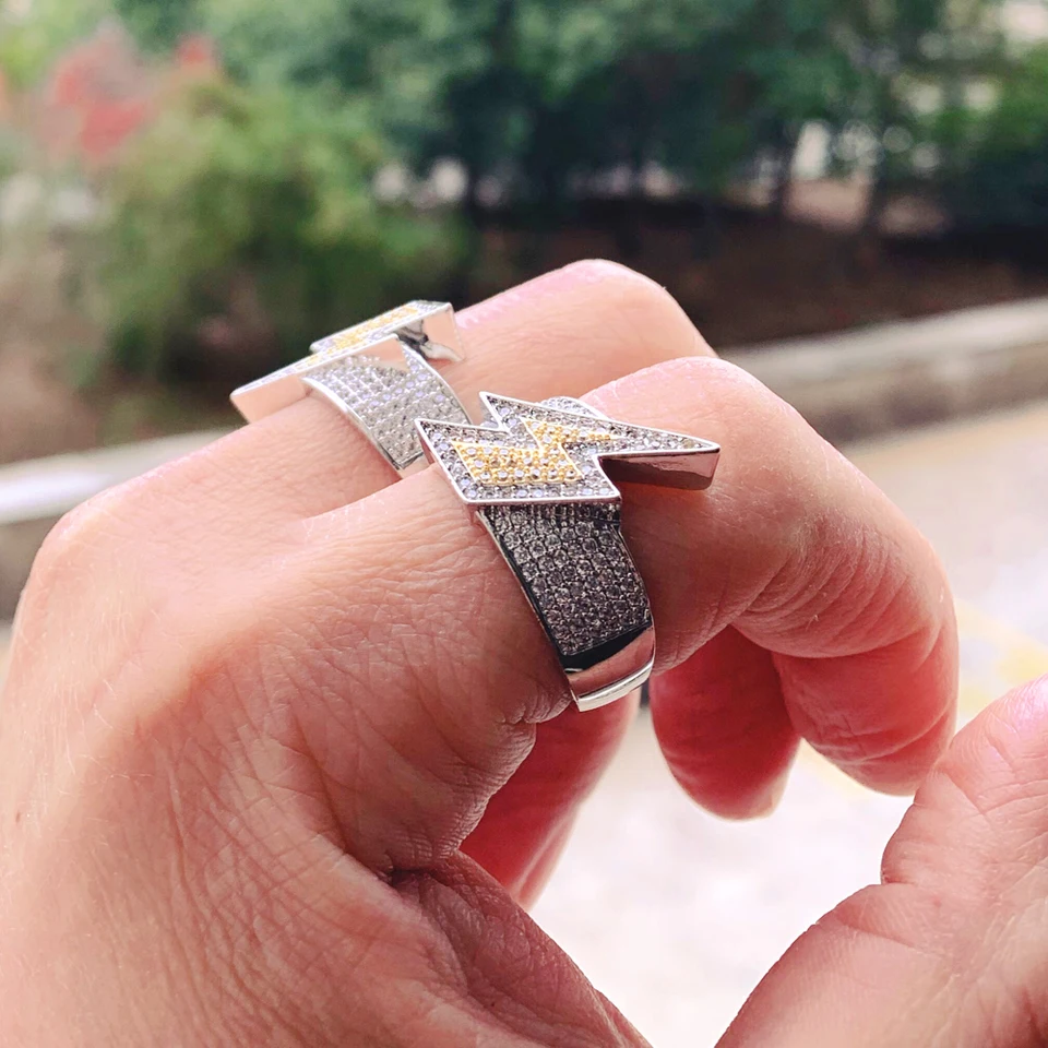 New Iced Out Bling Lightning Shape Ring Two Tone Color Cubic