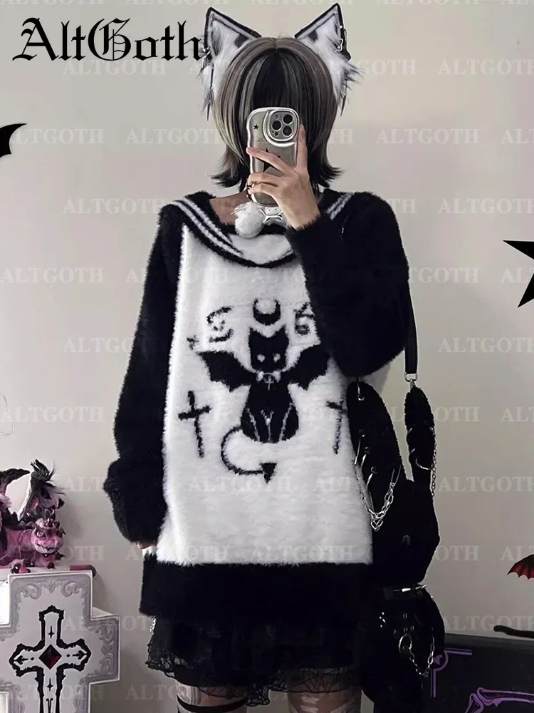 

AltGoth Japanese Kawaii Sweatshirt Women Dark Academia Gothic Preppy Sailor Collar Devil Cat Printed Black White Loose Pullover