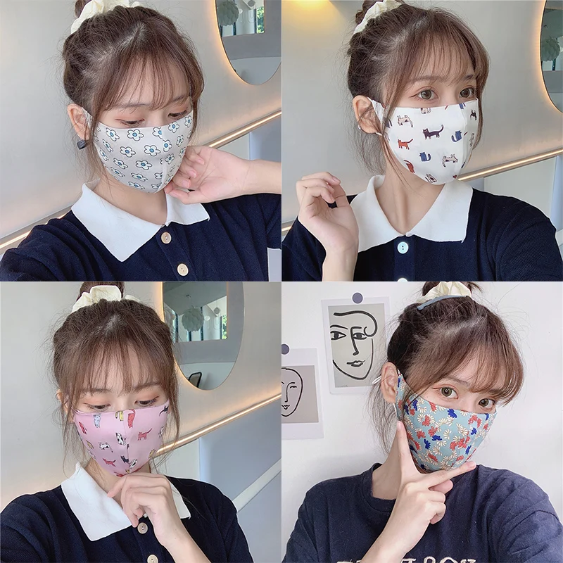 Women Mulberry Silk Masks Flower Print Thin Sunscreen Silk Masks Breathable Fashion Mouth Mask Men Dust Proof Washable