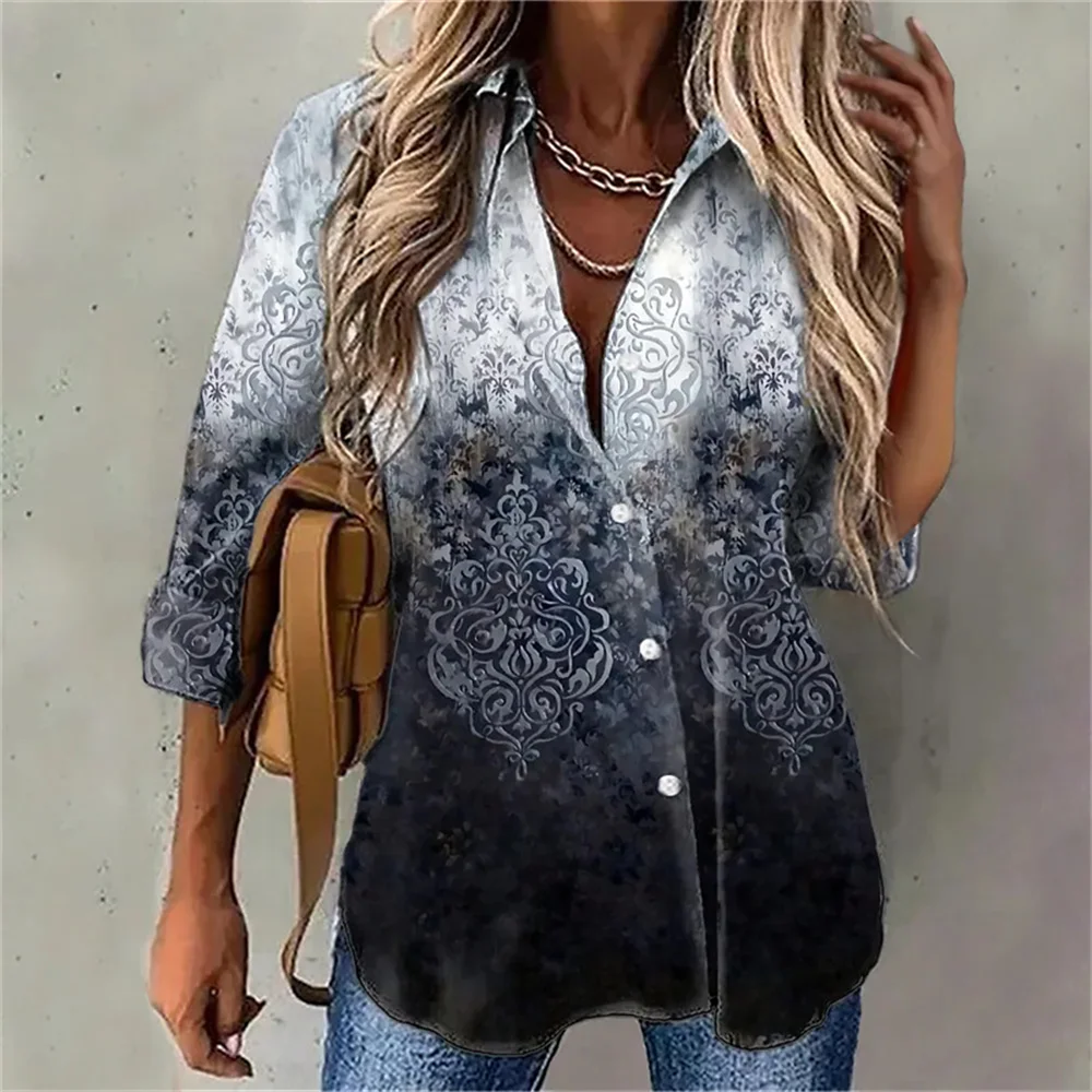 Spring Women Vintage 3D Tie Dye Floral Printed Long Sleeve Turndown Collar Buttons Shirt Ladies Fashion Casual Loose Blouse Tops original foreign trade order from spain desigual new product fashionable embroidery printed buttons genuine women s shirts