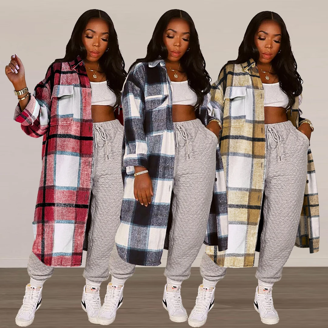 Plaid Long Cardigan Jacket Winter 2022 Women Fall Clothes Korean Fashion Shirt Blouse Coats Thick Warm Luxury Elegant Jacket