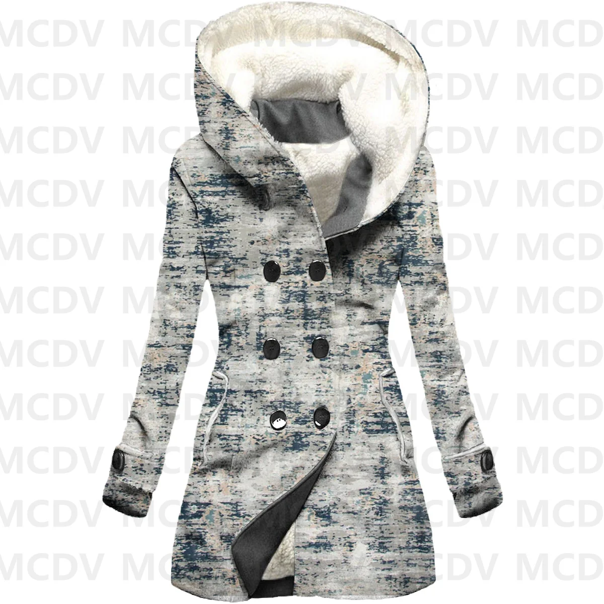 Retro Pattern Printed Fleece Hooded Cloak Women Thick Warm Coat Women's Winter Warm Overcoat Casual Clothes