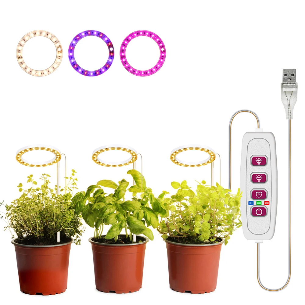 LED Grow Lights Full Spectrum Plant Lamp with 20 LEDs 8H/12H/16H Timer 5 Dimmable Levels Height Adjustable USB Angel Ring Lamp