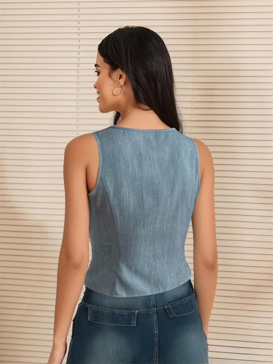 Ladies Sleeveless Denim Vest with Tie Front Detail V Neckline and  Fit - Solid Color Jean Tank Top for Summer Street