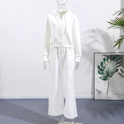 Women's Casual Two - Piece Tracksuit with Hooded Jacket and Loose Pants - M (White)