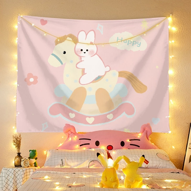 Background Cute Little White Rabbit Tapestry Home Bedroom Bedside Decoration Tapestry Dormitory Bedside Decoration Cloth