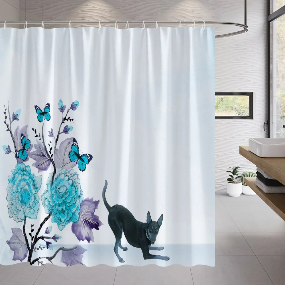 

Flower Butterfly Dog Shower Curtain Flora Plant Farm Animal Rooster Print Fabric Bathroom Accessories Set Hooks Bathroom Curtain
