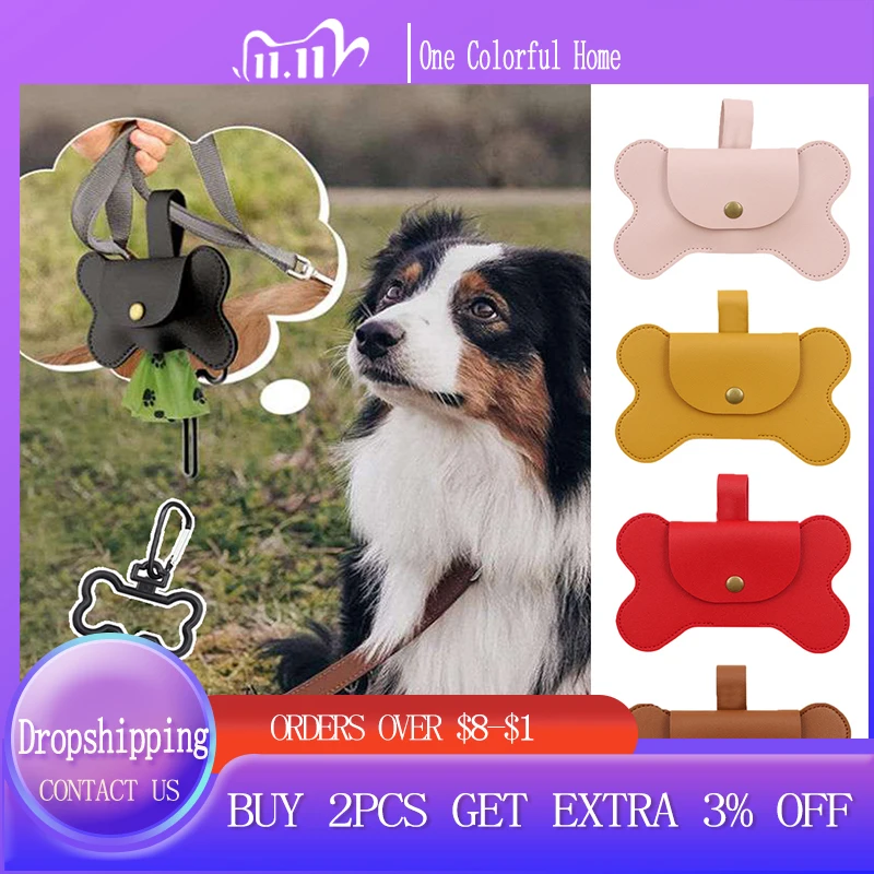 

PU Leather Bone Shaped Dog Poop Pickup Bag With Leash Clip Durable Colorful Dogs Outdoor Poop Holder Portable Fashion Pet Supply