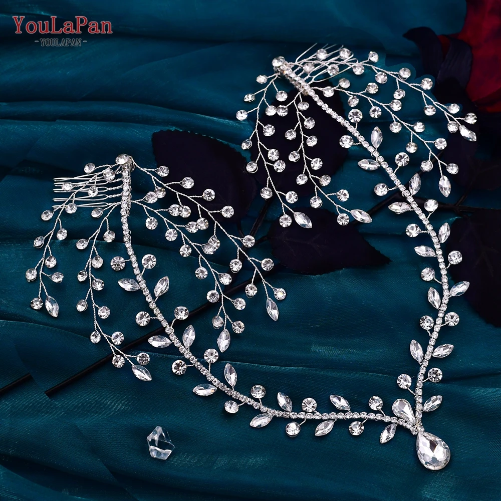 Rhinestone Wedding Forehead Headband Women Headdress Water Drop Bridal Head Tiara Bride Head Piece with Combs for Hair Accessory