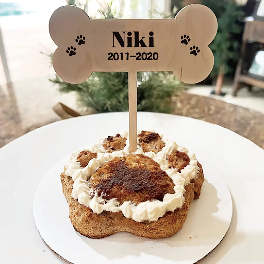 Pet Memorial Garden Stake Dog Birthday Cake Topper Personalized Dog Bone Paw with Engraved Name for Loss or Birthday