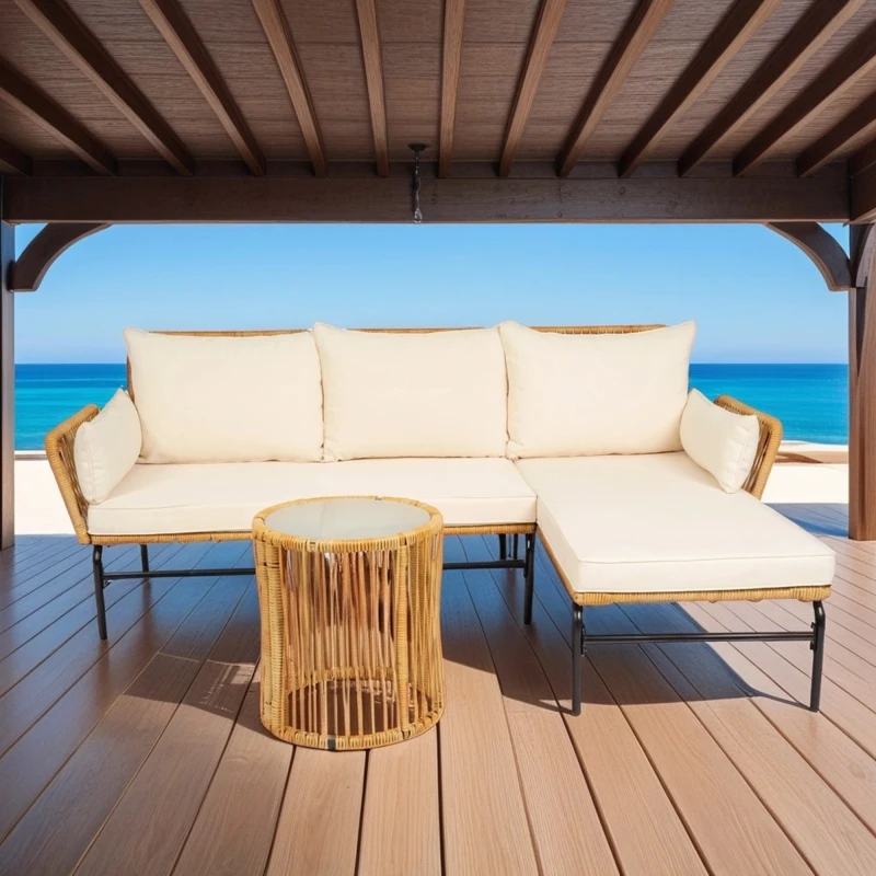 3 Pieces Outdoor Furniture Sets Table and Chairs with 3.15-inches Thick Cushion Outdoor Sofa Set Natural Yellow Wicker 2