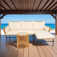 3 Pieces Outdoor Furniture Sets Table and Chairs with 3.15-inches Thick Cushion Outdoor Sofa Set Natural Yellow Wicker 2