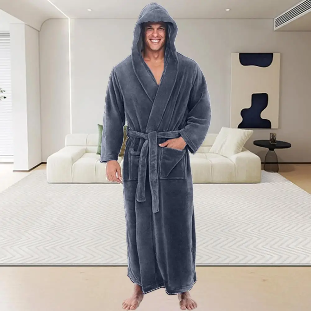 Cotton Bathrobe Flannel Robe Cozy Bathrobe Luxurious Men's Hooded Bathrobe with Adjustable Belt Ultra Soft Absorbent Male Robe with Pockets Plush Solid Color