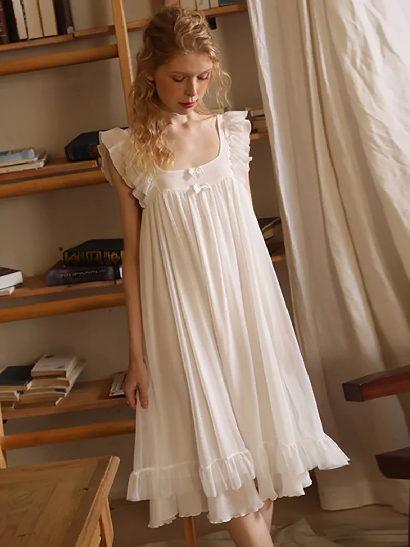 

Women Summer Sleeveless Fairy White Modal Night Dress Sexy Lace Peignoir Victorian Nightgowns Lolita Nightie Princess Sleepwear