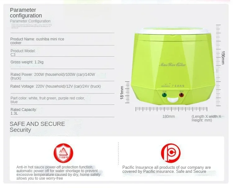 Description Picture 6 of itemMini Rice Cooker 1.3L Electric Heating Lunch Box Portable Food Steamer Electric Cooker For Car Truck Multicooker 12/24V