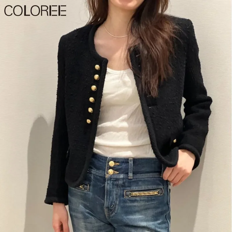 

Korean Fashion Black Tweed Jacket for Women Autumn Luxury Gold Buttons O-neck Wool & Blends Coats 2023 Manteau Femme Hiver