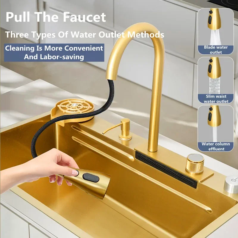 Gold 304 Stainless Steel Kitchen Waterfall Sink,Washing Basin,Large Single Slot Sink Crockery Drainer Gourmet Faucet Kitchen