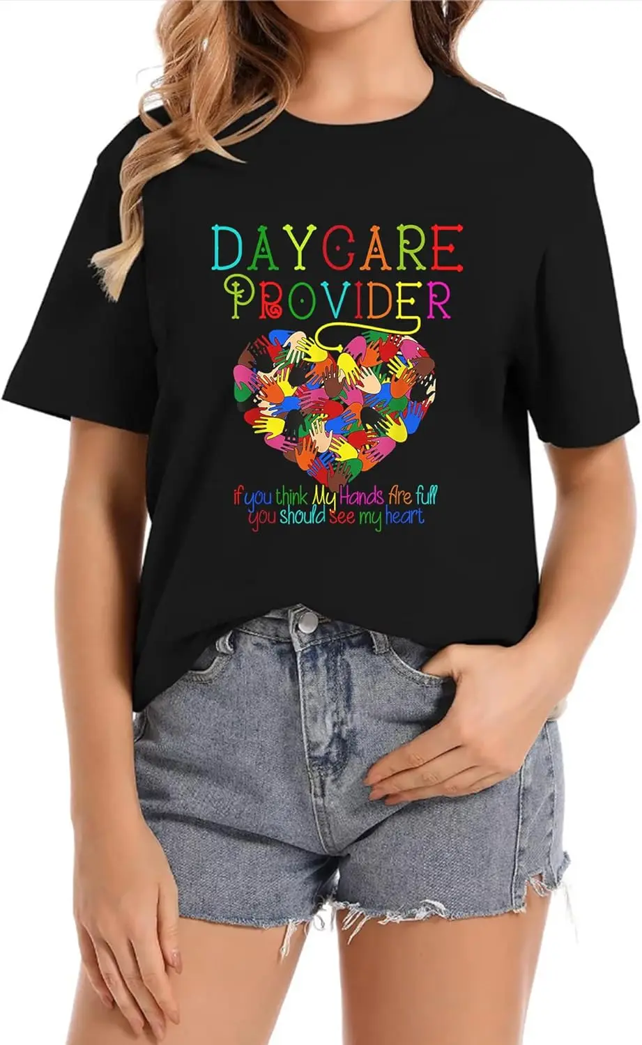 

Daycare Provider Childcare Cute Heart Crew Neck Casual Short Sleeve Vintage Summer Graphic T-Shirt for Women