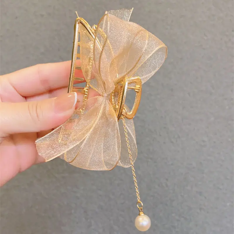 

Korea Elegant Mesh Tassel Pearl Bow Clip Temperament Hairpin Headdress for Women Barettes Girl Hair Accessoires Mujer