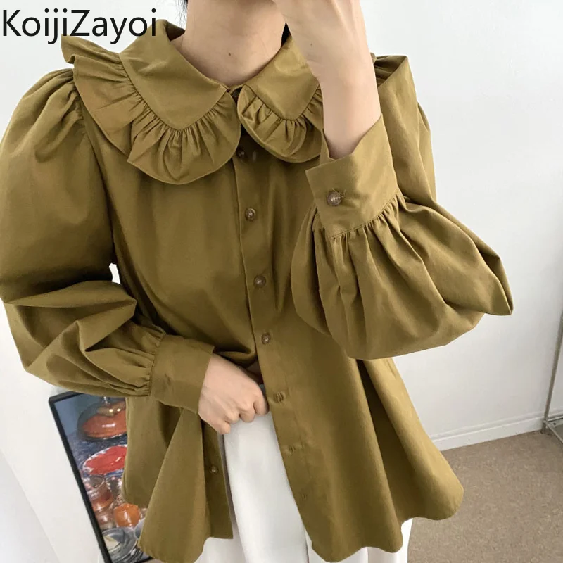 

Koijizayoi Casual Women Loose Blouse Lady Sweet Solid Long Sleeves Peter Pan Collar Shirt Chic Korean Spring Autumn Blusas