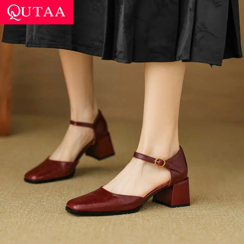 

QUTAA 2024 Elegant Women Genuine Leather Pumps Mary Jane Square Toe Buckle Med Heel Casual Shoes Woman Pumps Size 34-40
