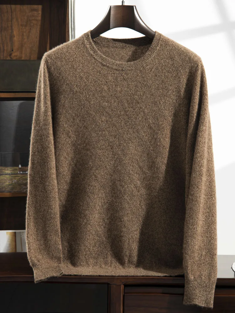 Autumn New 100% Pure Goat Cashmere Sweater Men's O-Neck Knitted Pullovers Leisure Jacquard Loose Tops Youth High-End Base Shirt 3