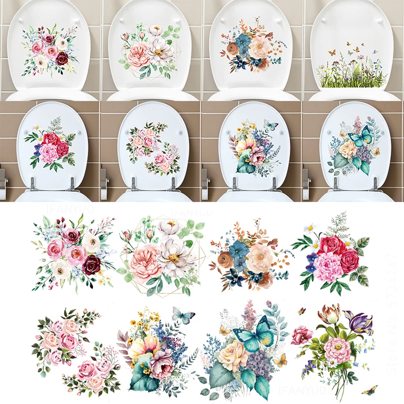 Watercolor Hand Drawn Floral Peony Flower Green Plants Butterfly Wall Stickers Bathroom Toilet Decor Decals Self Adhesive Murals toilet stickers toilet wall stickers toilet seat stickers