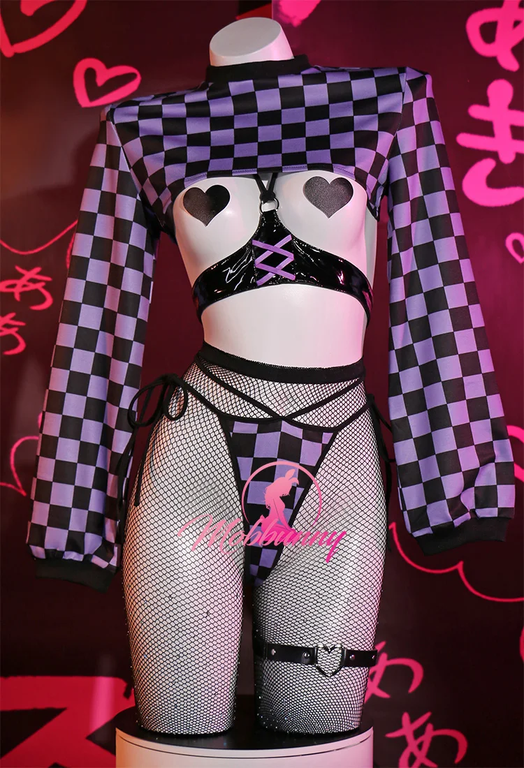 

Women Sexy Lingerie Set Purple Plaid Long Sleeve Short Top and Panty with Pantyhose