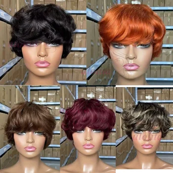 Parrucca brasiliana per capelli umani ricci allineati con cuticola 12A per donna - Densità del 180%, senza lasciare fuori Parrucche piene fatte a macchina con taglio pixie