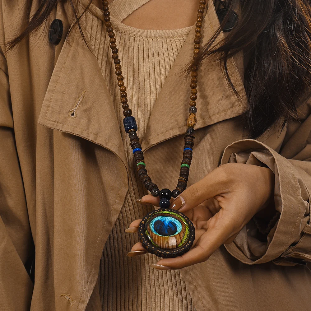 Sautoir Ethnique Femme – Collier Long Pompons Bleus Et Chaîne Argent